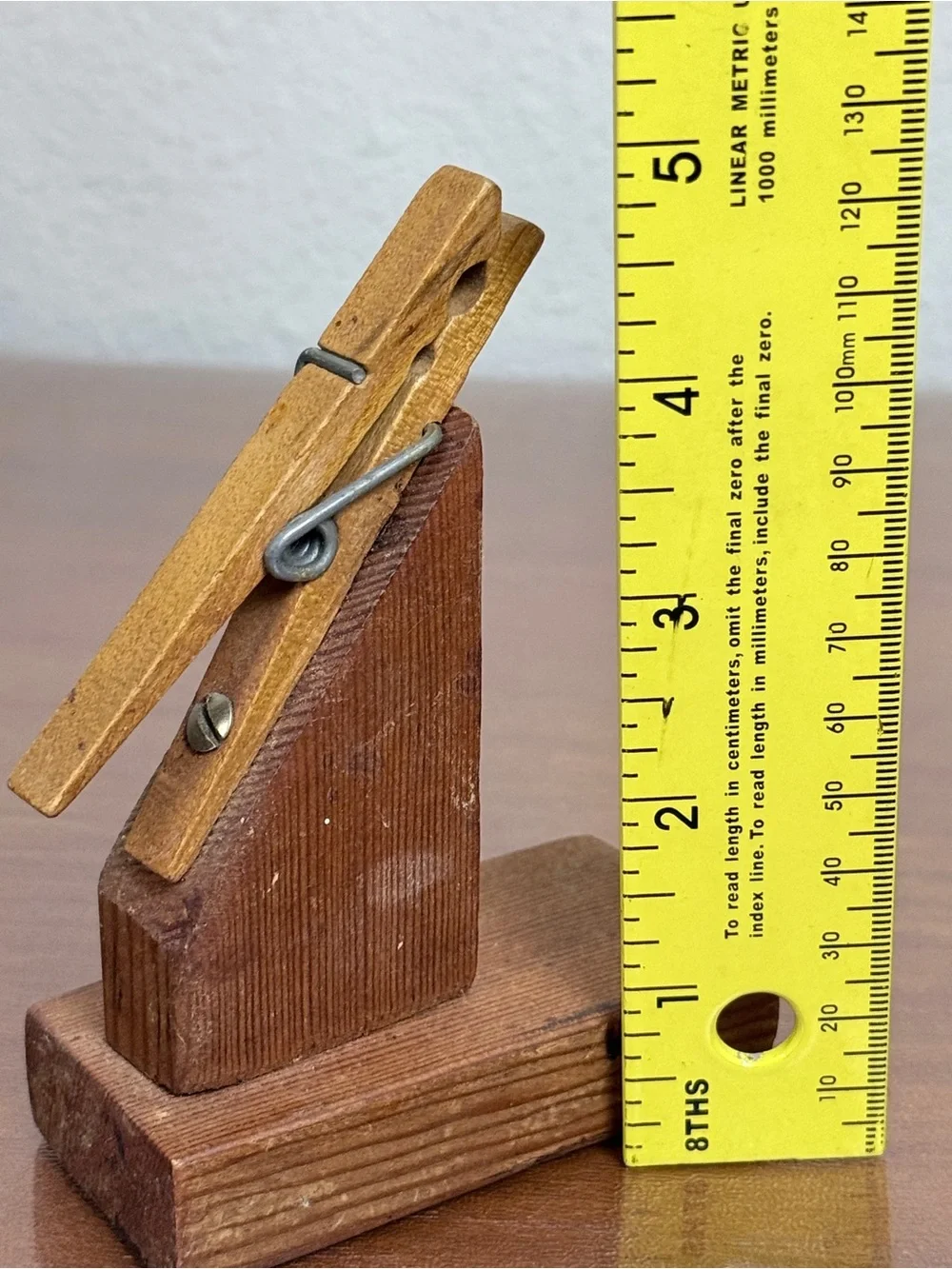 Vintage Handmade Wooden Clothespin Recipe Card Holder on Wooden Base